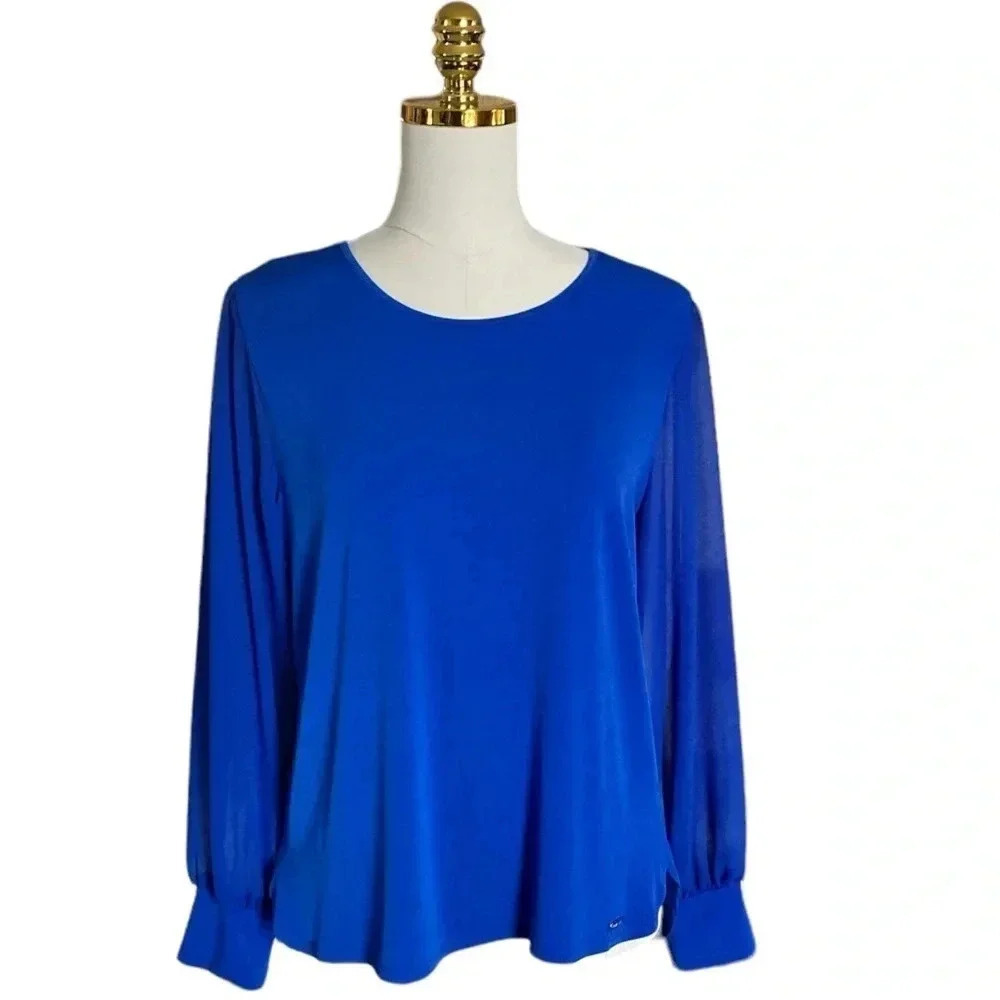 CALVIN KLEIN | Women's Long Sleeve Blue Jersey with Chiffon Sleeves Top Size M